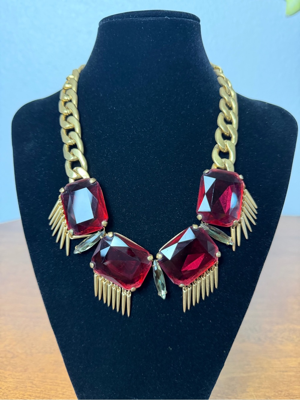 J.Crew Statement Necklace Red Gemstones Gold Chain Vintage